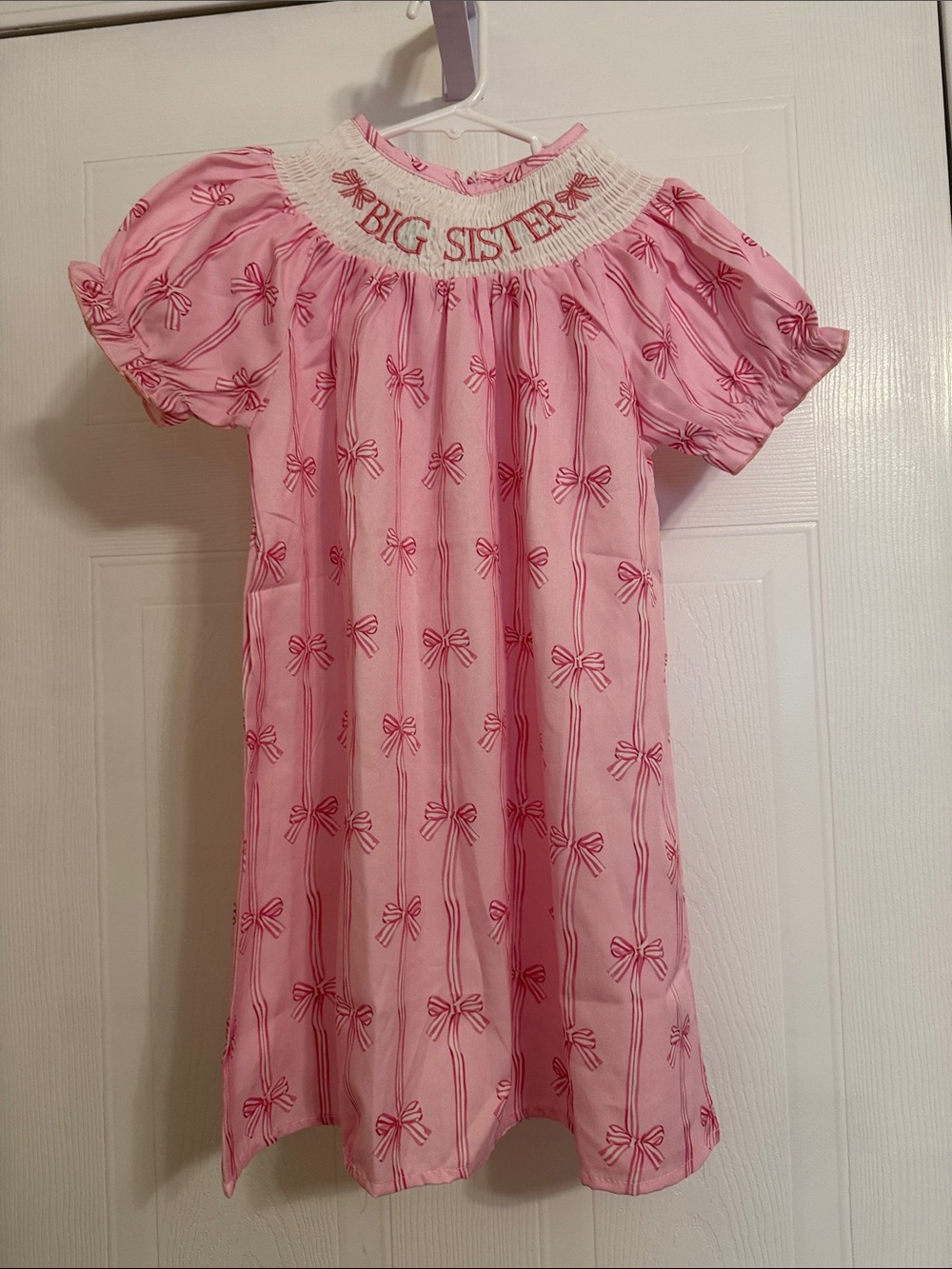 Girls' Pink Bow-Print Smocked Dress - 'Big Sister' Embroidery